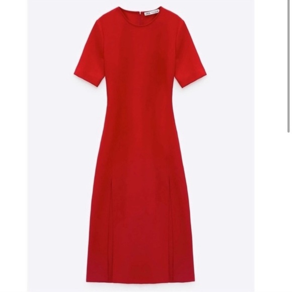 ZARA Red MIDI Dress Column Front Slit Pencil Career Holidays, Size XS - Picture 15 of 16
